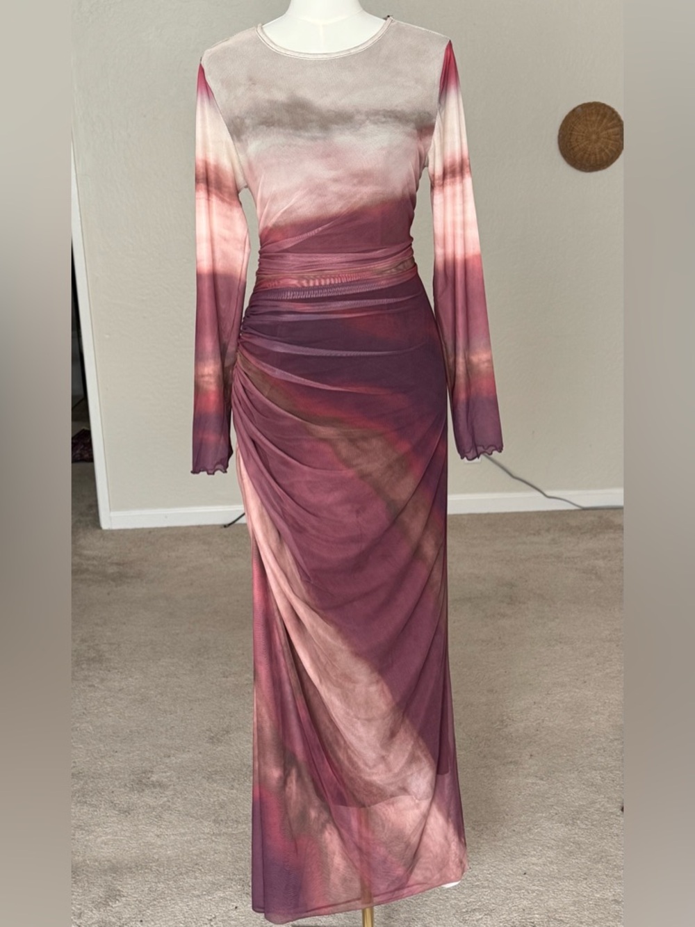 Women's Pink Ombre Long Sleeve Ruched Maxi Dress